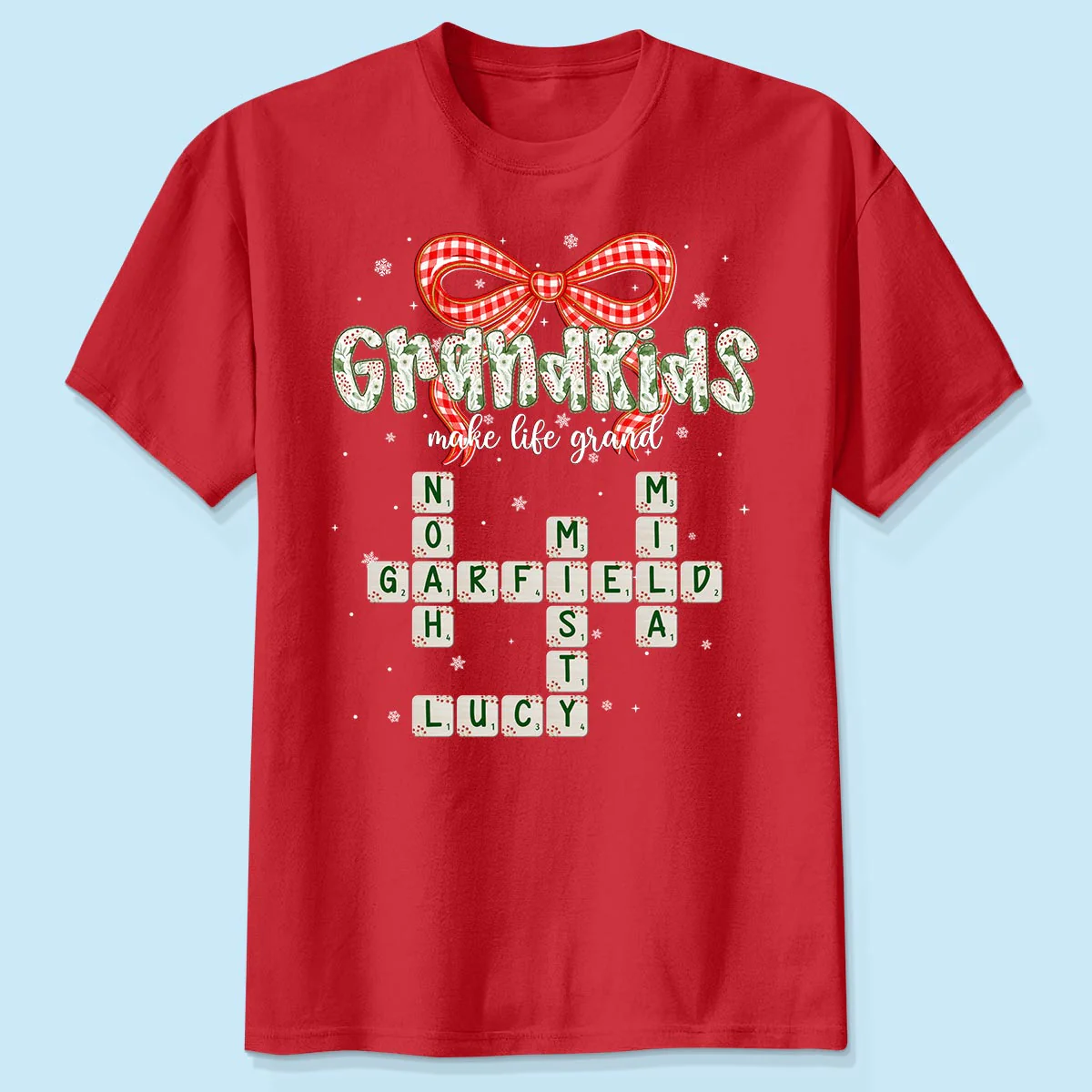Grandkids Make Life Grand Coquette Floral Christmas Pattern Crossword Puzzle Art - Personalized Shirt - Image 2