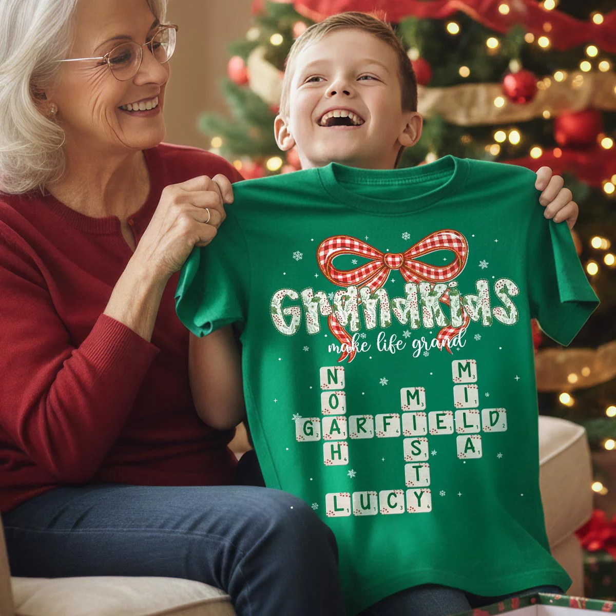 Grandkids Make Life Grand Coquette Floral Christmas Pattern Crossword Puzzle Art - Personalized Shirt - Image 6
