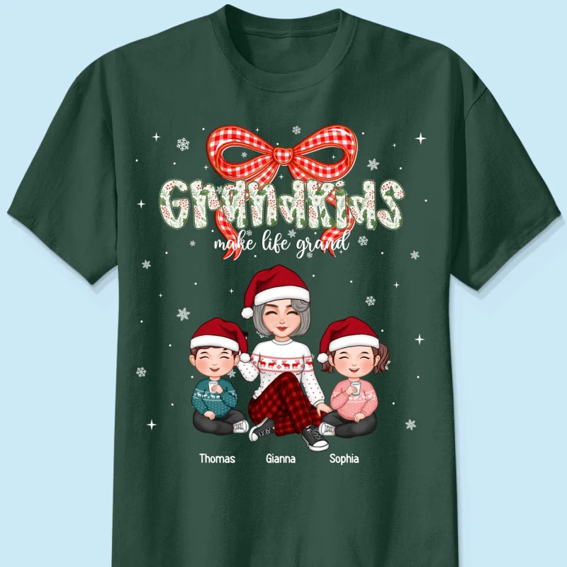 Grandkids Make Life Grand Coquette Floral Christmas Pattern - Personalized Shirt - Image 24
