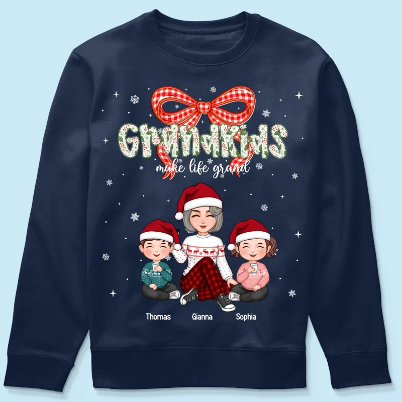 Grandkids Make Life Grand Coquette Floral Christmas Pattern - Personalized Shirt - Image 44