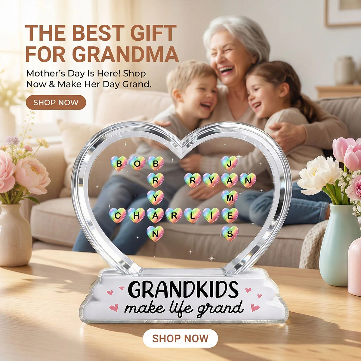 Grandkids Make Life Grand Crossword Puzzle Art Colorful Hearts 2D Flat - Personalized Acrylic Block Plaque - Gift For Grandma - Image 12