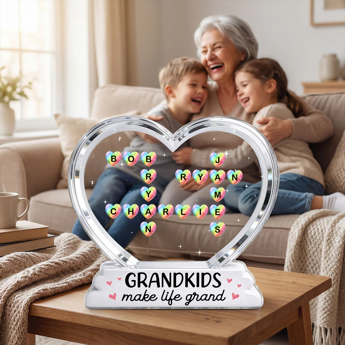 Grandkids Make Life Grand Crossword Puzzle Art Colorful Hearts 2D Flat - Personalized Acrylic Block Plaque - Gift For Grandma - Image 3