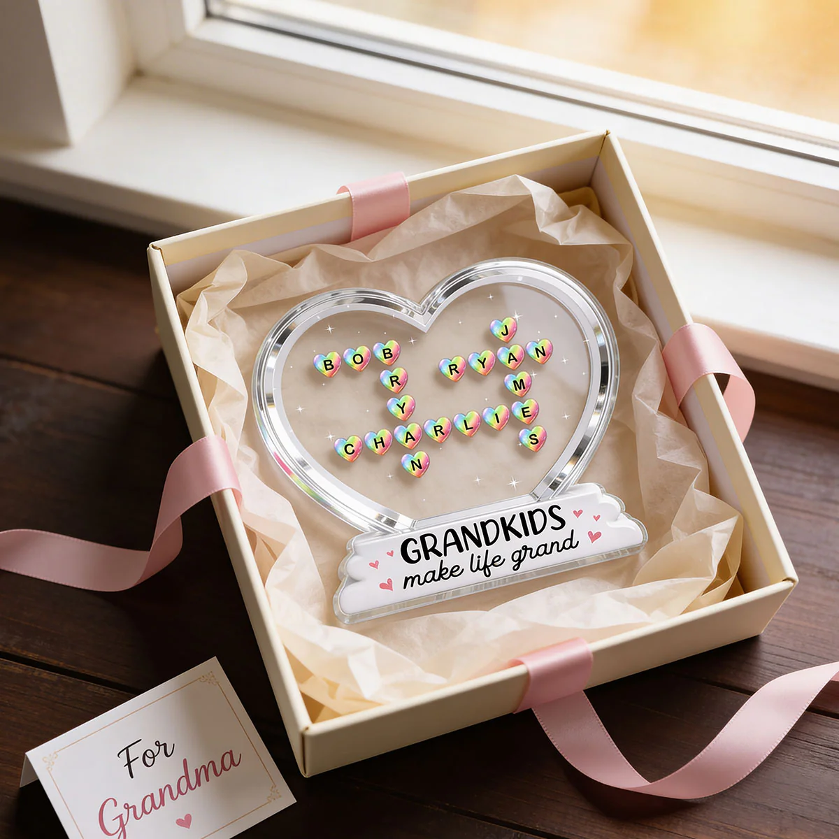Grandkids Make Life Grand Crossword Puzzle Art Colorful Hearts 2D Flat - Personalized Acrylic Block Plaque - Gift For Grandma - Image 6