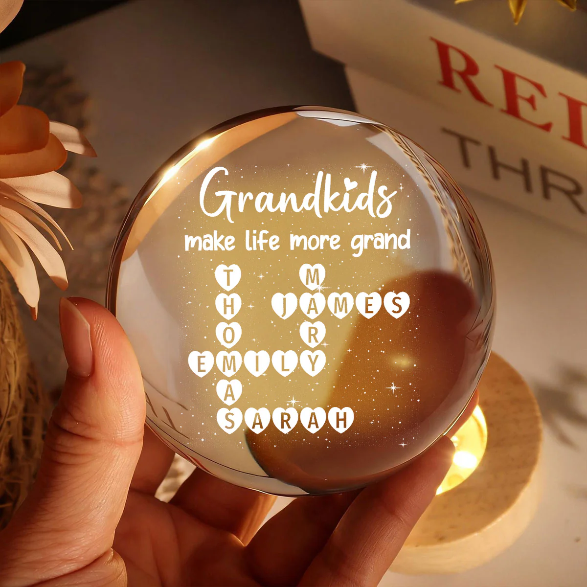 Grandkids Make Life Grand Crossword Puzzle Art - Personalized Crystal Ball Night Light - Image 2
