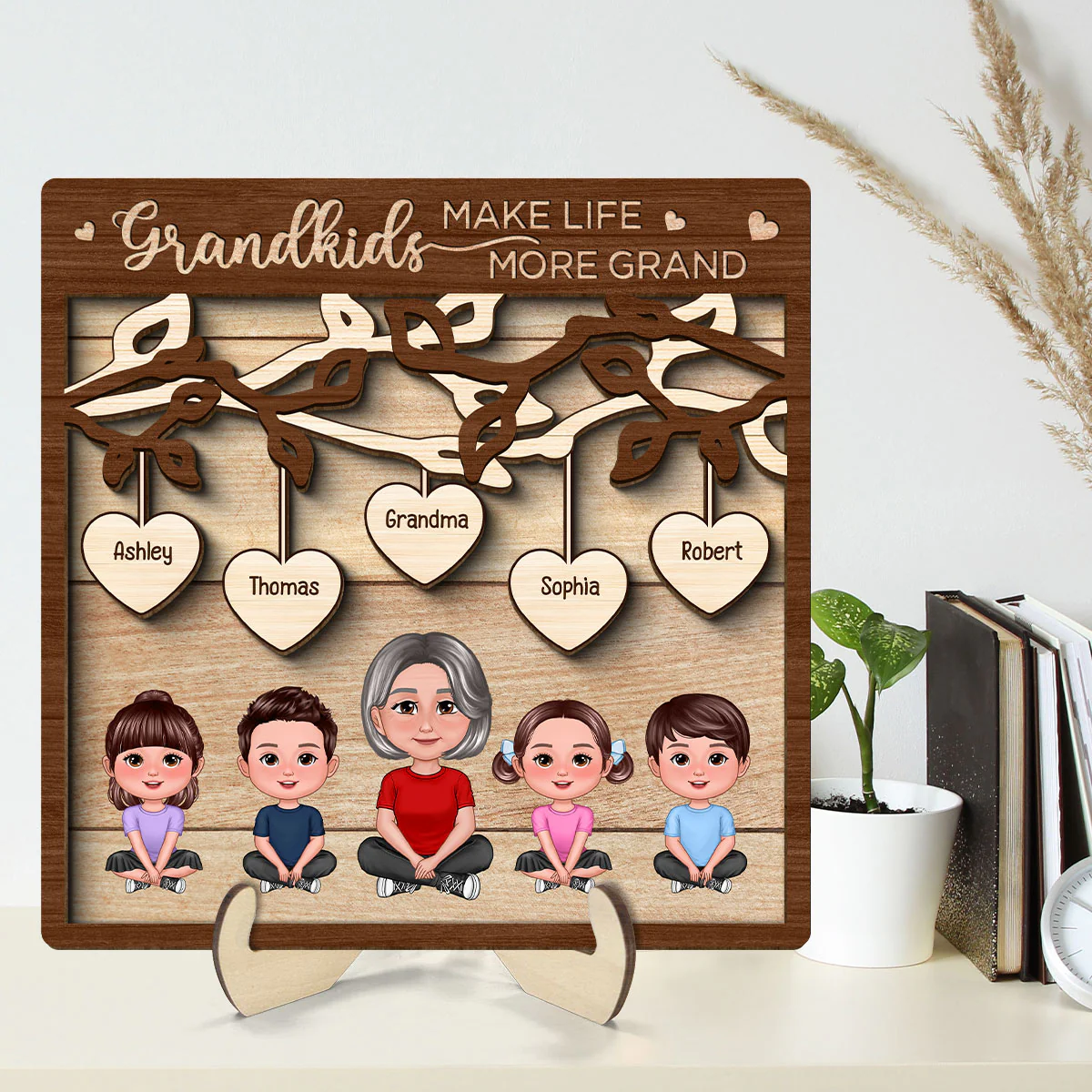 Grandkids Make Life Grand Grandma Grandchildren Under Tree Personalized 2-Layer Wooden Plaque - Image 2