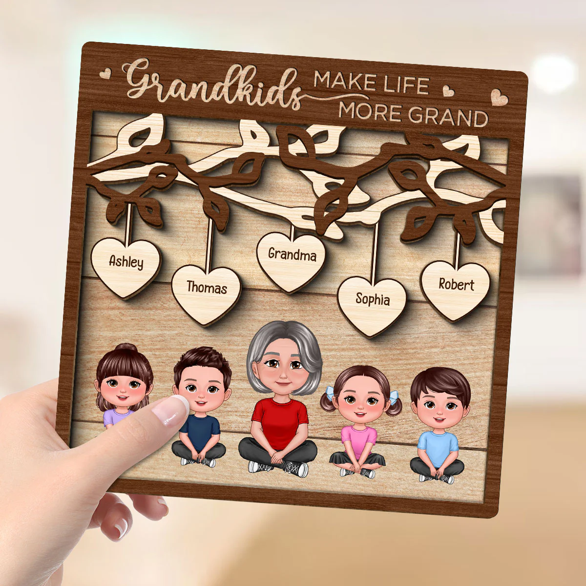 Grandkids Make Life Grand Grandma Grandchildren Under Tree Personalized 2-Layer Wooden Plaque - Image 4