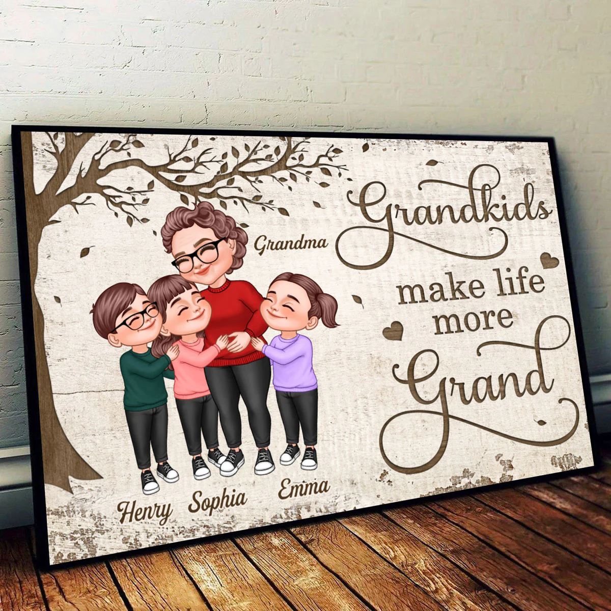 Grandkids Make Life Grand Grandma Grandkids Hugging Under Tree Personalized Poster - Image 3