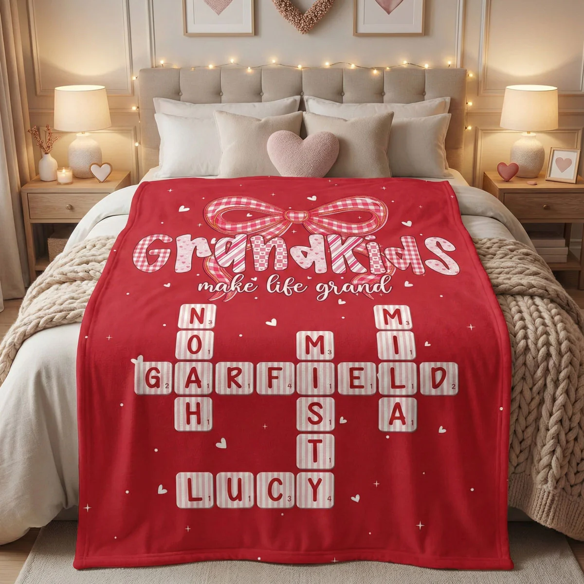 Grandkids Make Life Grand Preppy Valentine Pattern Crossword Puzzle Art - Personalized Fleece Blanket - Valentine's Day Gift For Grandma - Image 2