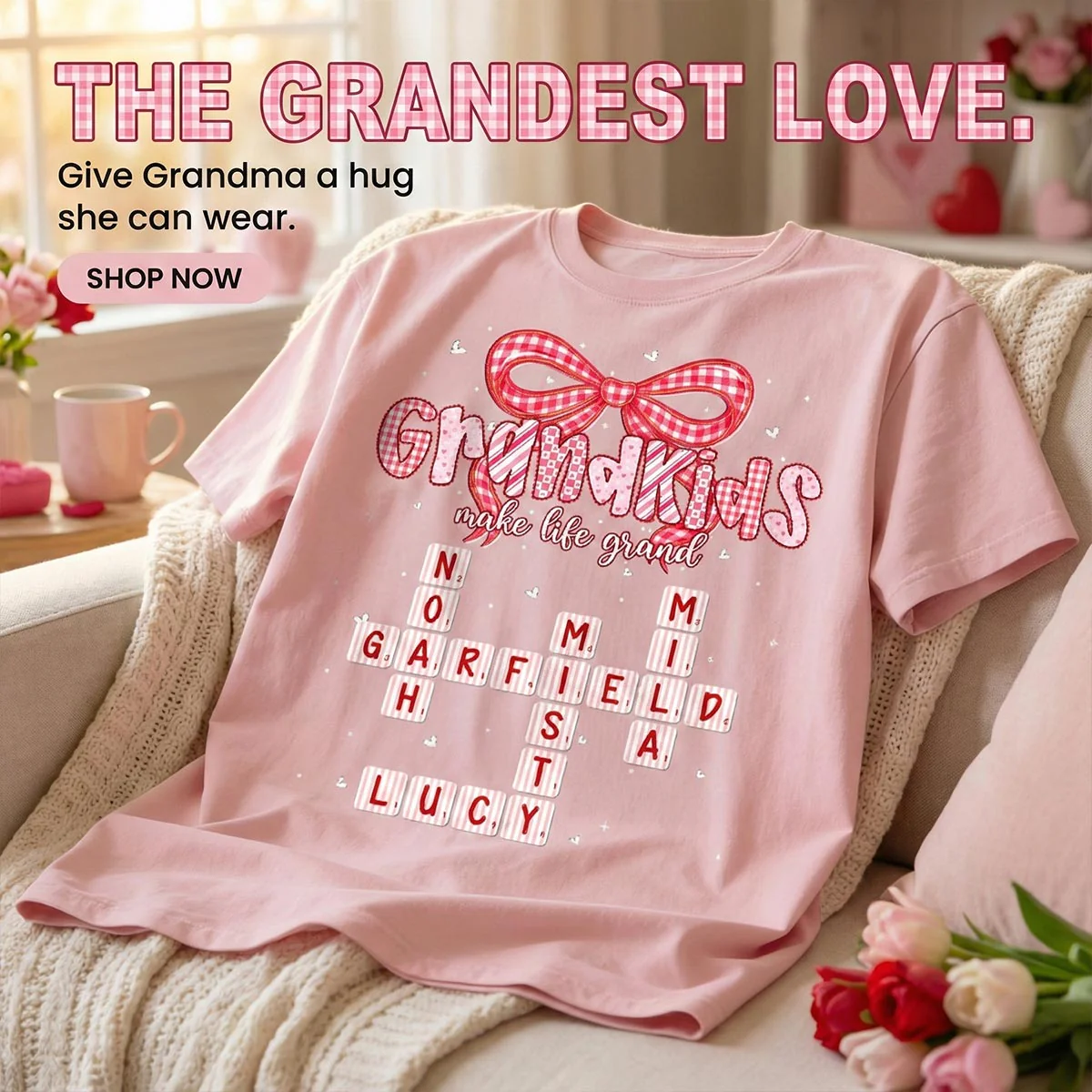 Grandkids Make Life Grand Preppy Valentine Pattern Crossword Puzzle Art - Personalized Shirt - Valentine's Day Gift For Grandma - Image 7