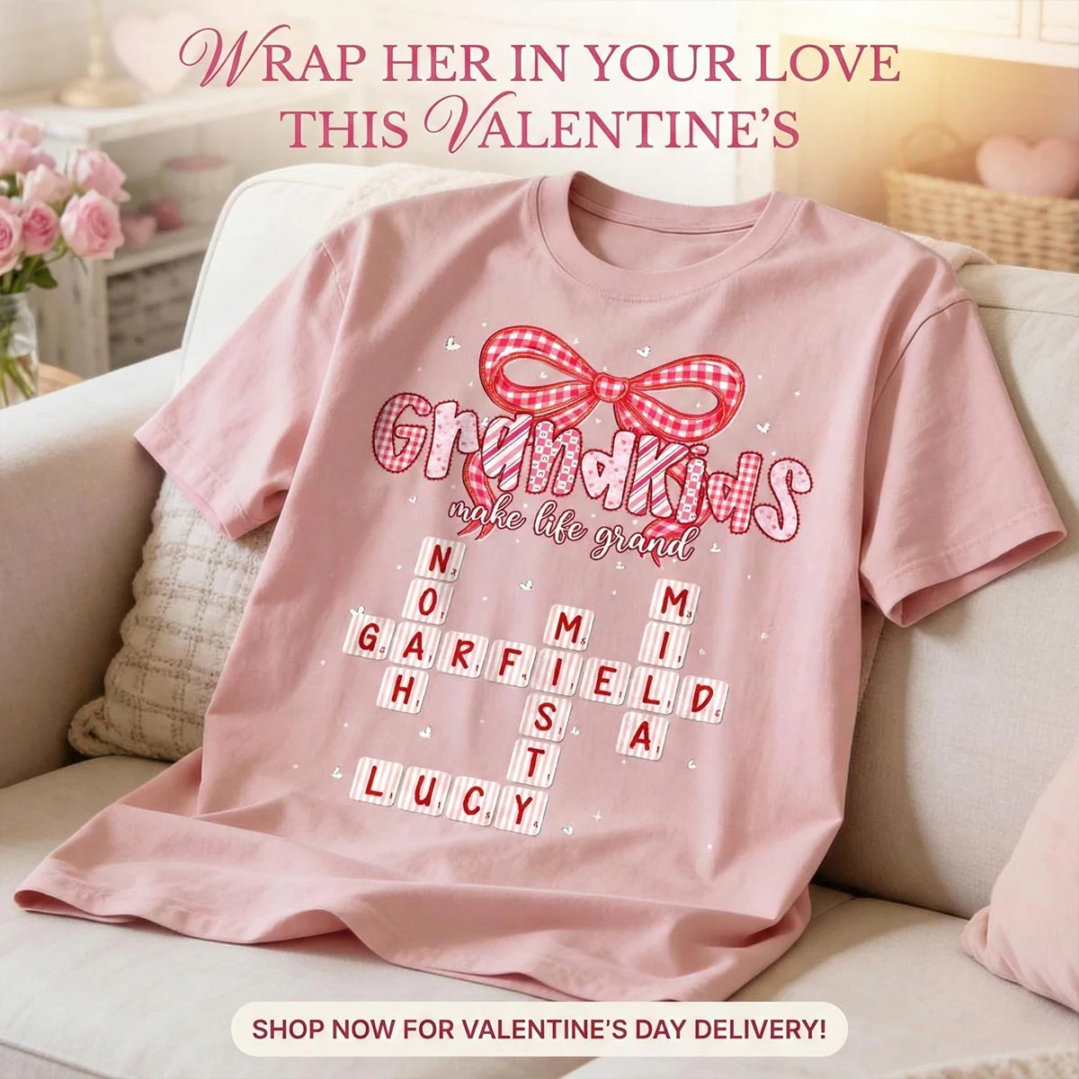 Grandkids Make Life Grand Preppy Valentine Pattern Crossword Puzzle Art - Personalized Shirt - Valentine's Day Gift For Grandma - Image 9