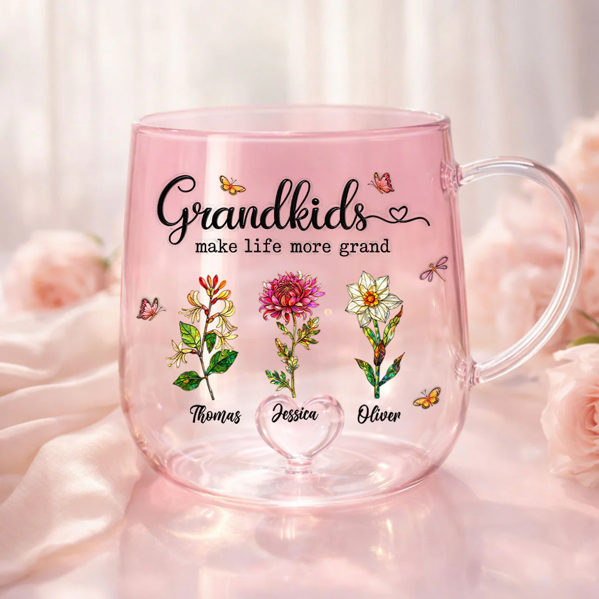 Grandkids Make Life More Grand Custom Birth Flower - Personalized Glass Mug - Heartfelt Mother's Day Gift for Grandma, Mom