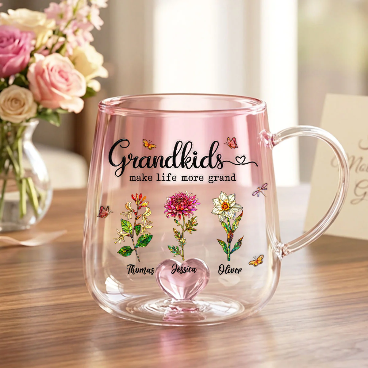 Grandkids Make Life More Grand Custom Birth Flower - Personalized Glass Mug - Heartfelt Mother's Day Gift for Grandma, Mom - Image 3