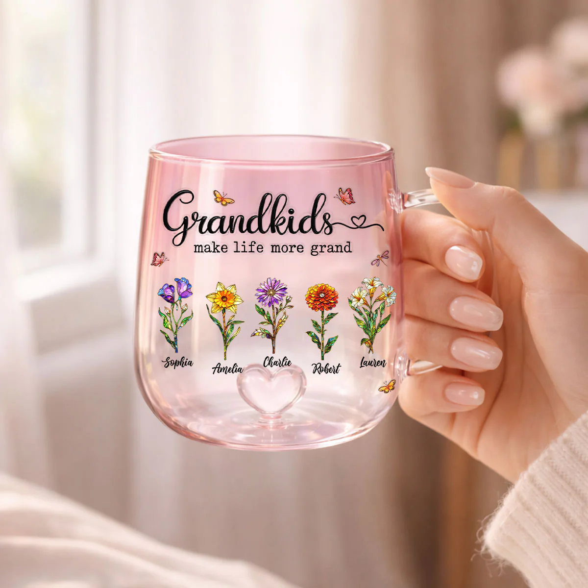 Grandkids Make Life More Grand Custom Birth Flower - Personalized Glass Mug - Heartfelt Mother's Day Gift for Grandma, Mom - Image 4