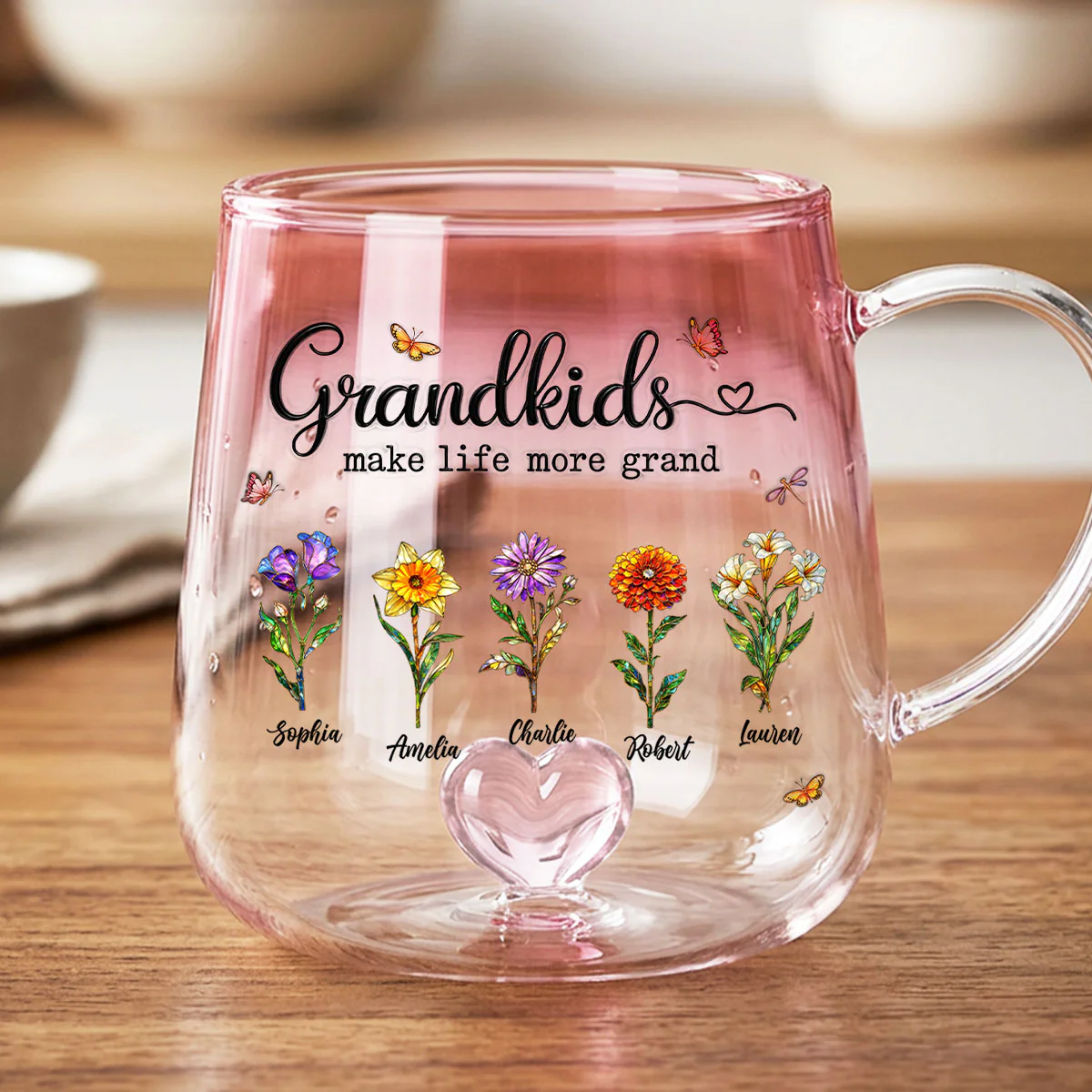 Grandkids Make Life More Grand Custom Birth Flower - Personalized Glass Mug - Heartfelt Mother's Day Gift for Grandma, Mom - Image 5