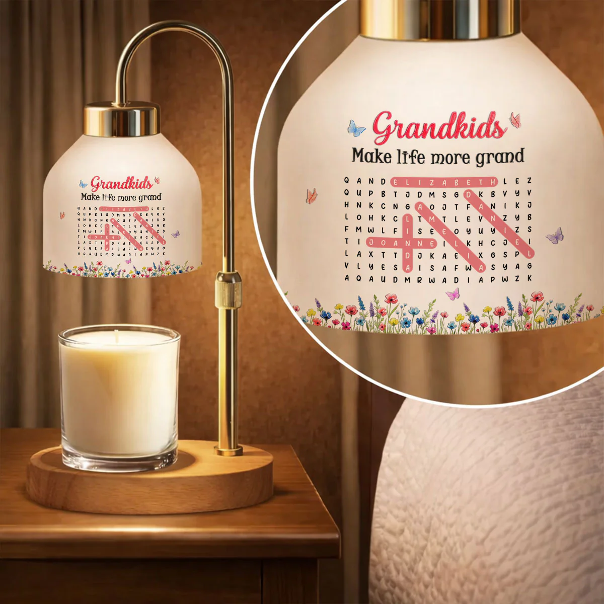 Grandkids Make My Life More Grand Word Search Puzzle - Personalized Candle Warmer Lamp - Mother's Day Gift for Grandma, Mom, Wife