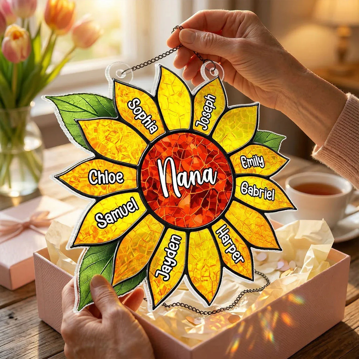 Grandkids Name In Sunflower Daisy - Personalized Suncatcher - Mother's Day Home Decor Gift For Grandma - Image 2