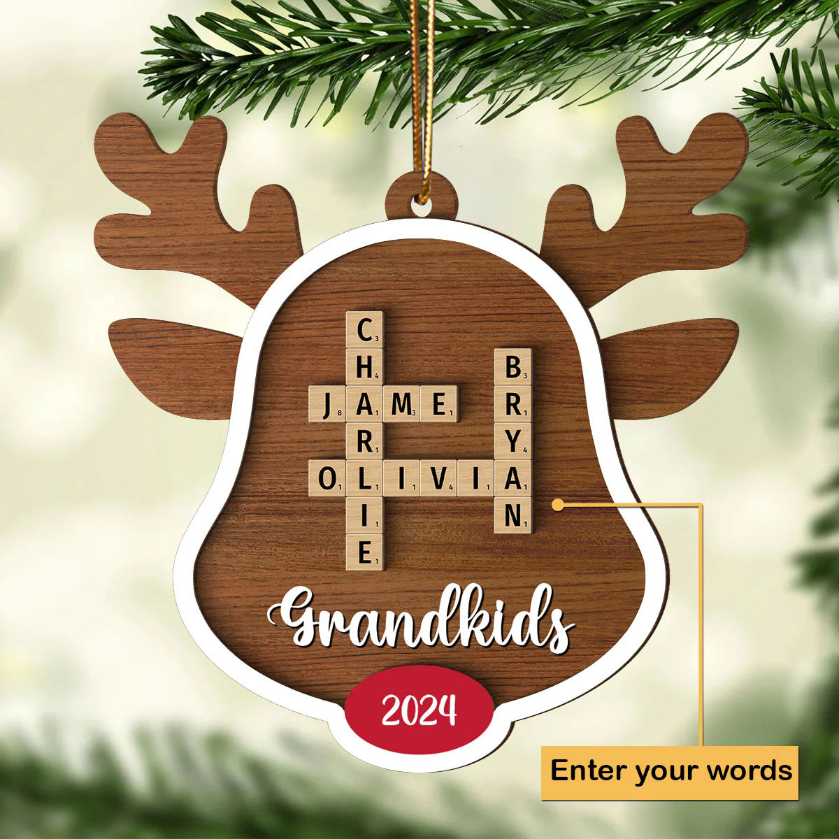Grandkids Names Reindeer Crossword Puzzle Art Personalized 2-Layer Wooden Ornament, Christmas Gift For Grandma