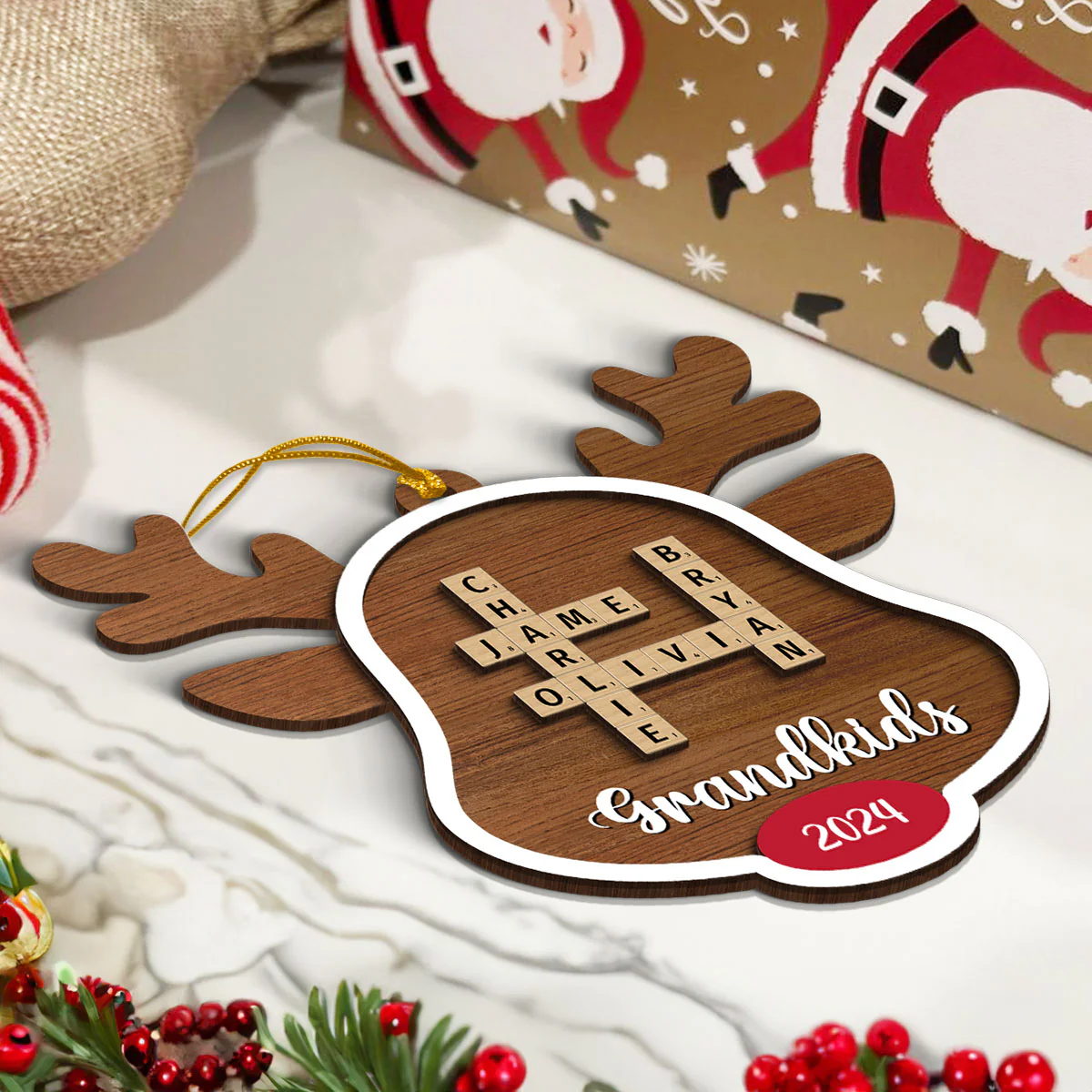 Grandkids Names Reindeer Crossword Puzzle Art Personalized 2-Layer Wooden Ornament, Christmas Gift For Grandma - Image 5