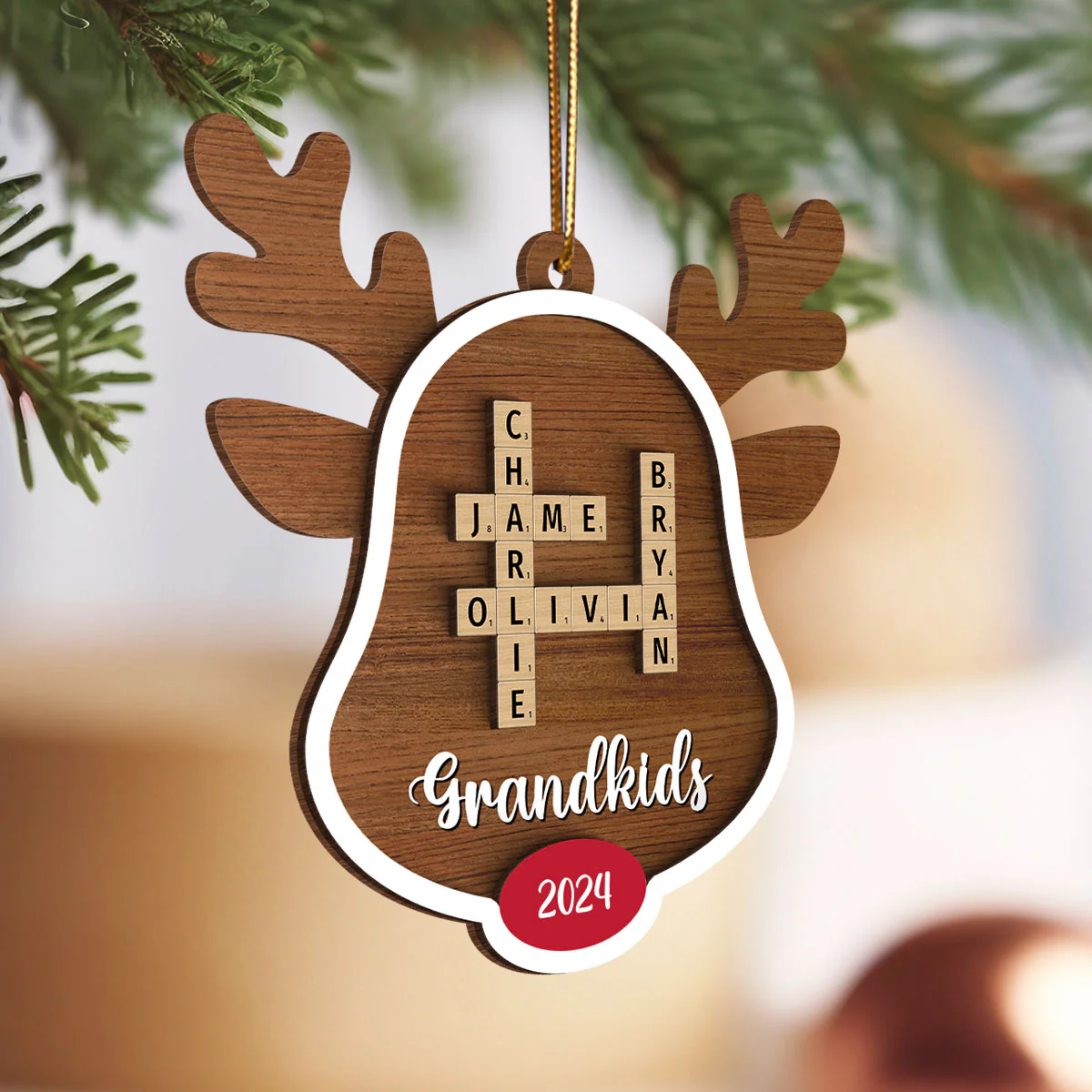 Grandkids Names Reindeer Crossword Puzzle Art Personalized 2-Layer Wooden Ornament, Christmas Gift For Grandma - Image 6
