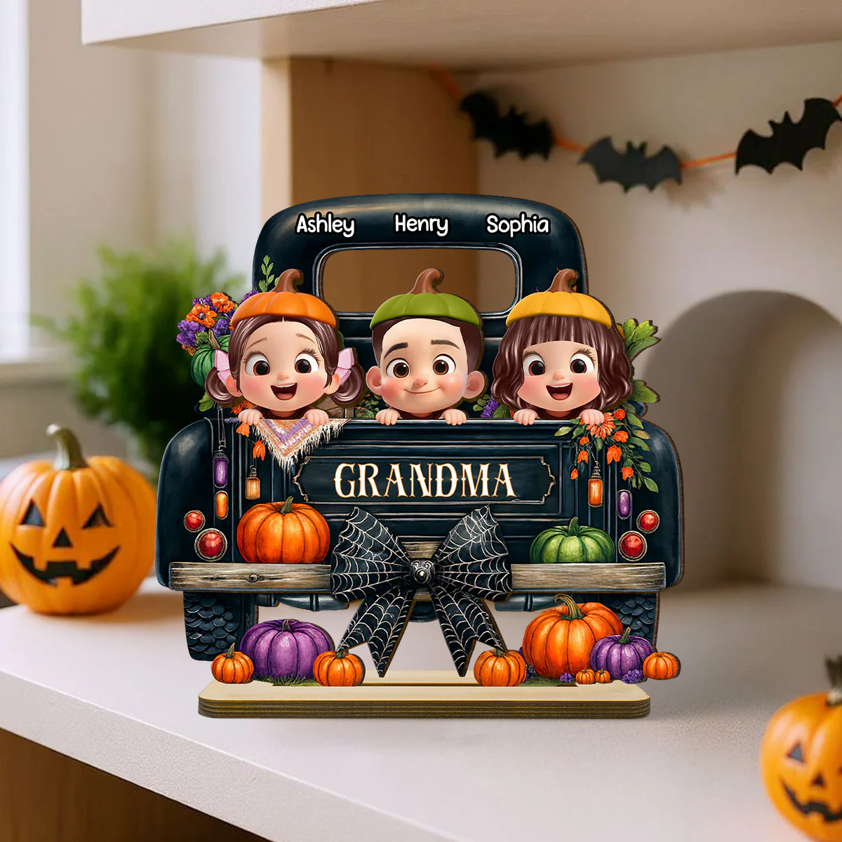 Grandkids Peeking on Halloween Truck Personalized Standing Wooden Plaque, Fall Halloween Decor for Grandma - Image 2