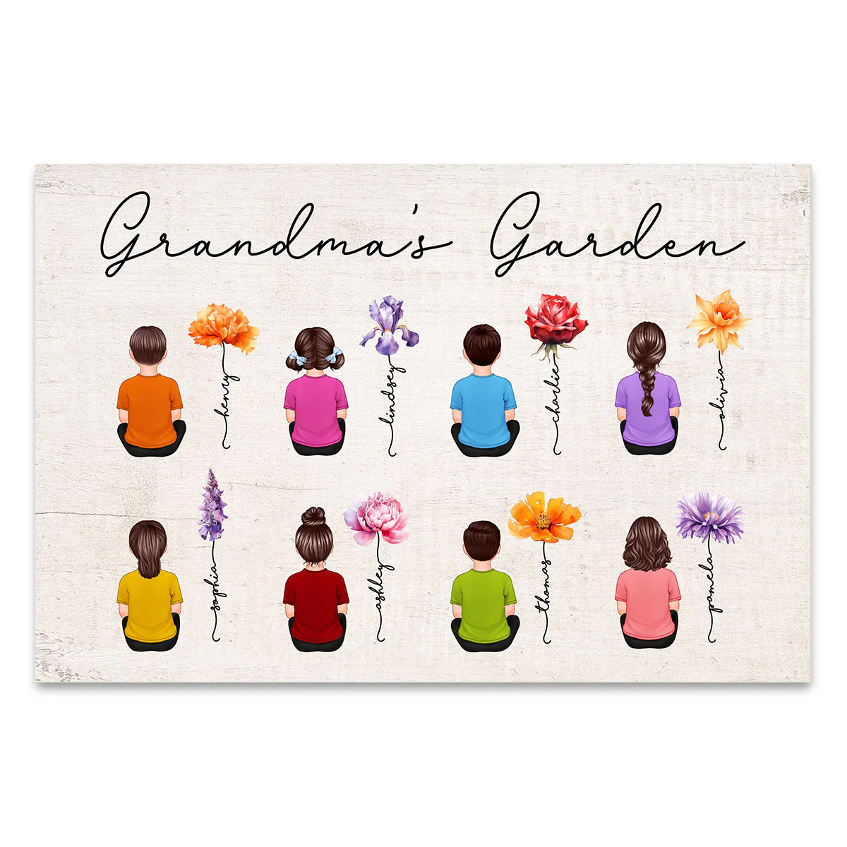 Grandkids Sitting Back View Grandma Garden Beautiful Birth Month Flowers Mother‘s Day Gift Personalized Horizontal Poster - Image 2