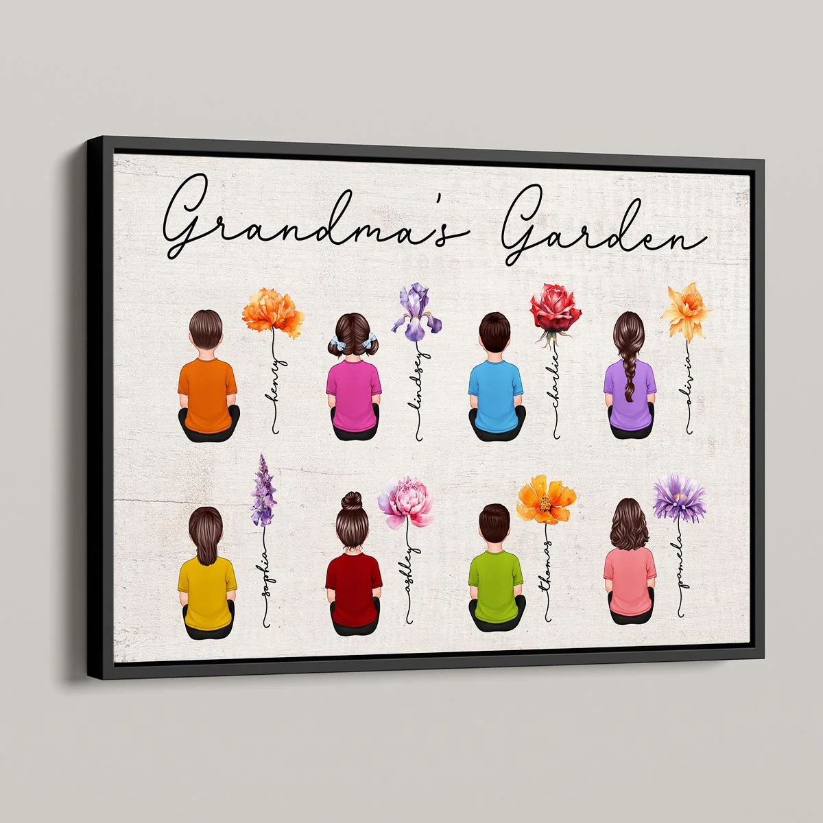 Grandkids Sitting Back View Grandma Garden Beautiful Birth Month Flowers Mother‘s Day Gift Personalized Horizontal Poster - Image 3