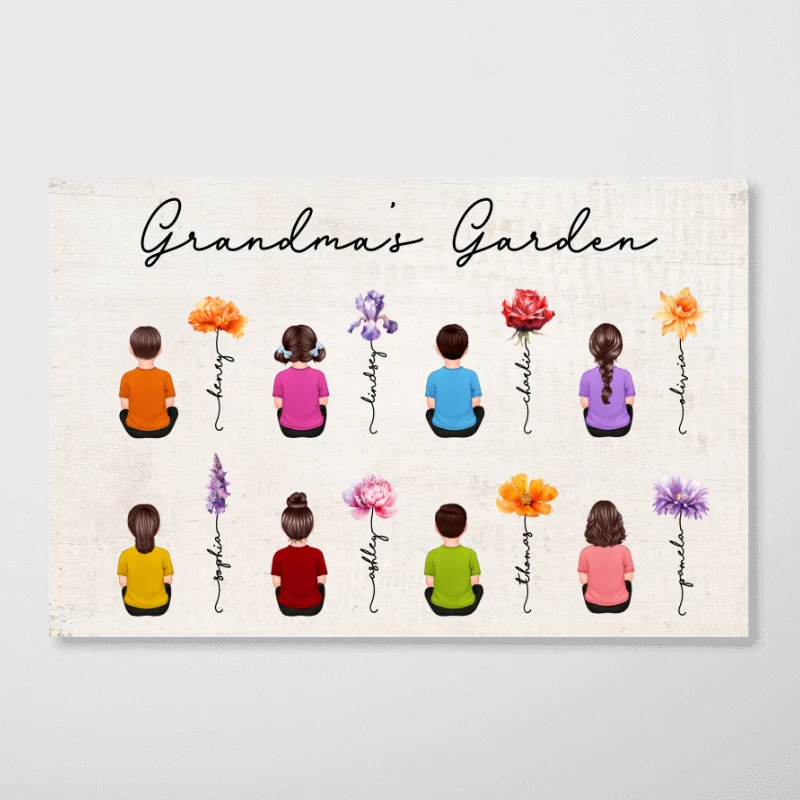 Grandkids Sitting Back View Grandma Garden Beautiful Birth Month Flowers Mother‘s Day Gift Personalized Horizontal Poster - Image 5