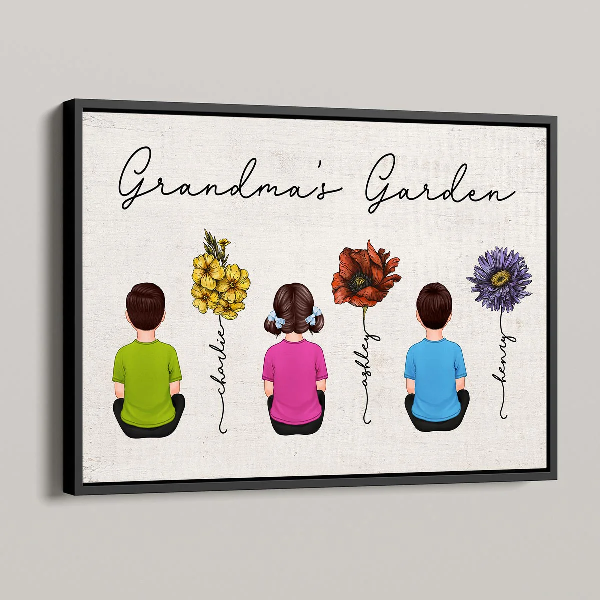 Grandkids Sitting Back View Grandma Garden Beautiful Vintage Birth Month Flowers Mother‘s Day Gift Personalized Horizontal Poster - Image 3