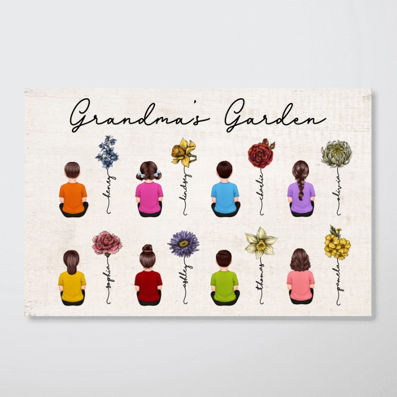 Grandkids Sitting Back View Grandma Garden Beautiful Vintage Birth Month Flowers Mother‘s Day Gift Personalized Horizontal Poster - Image 5