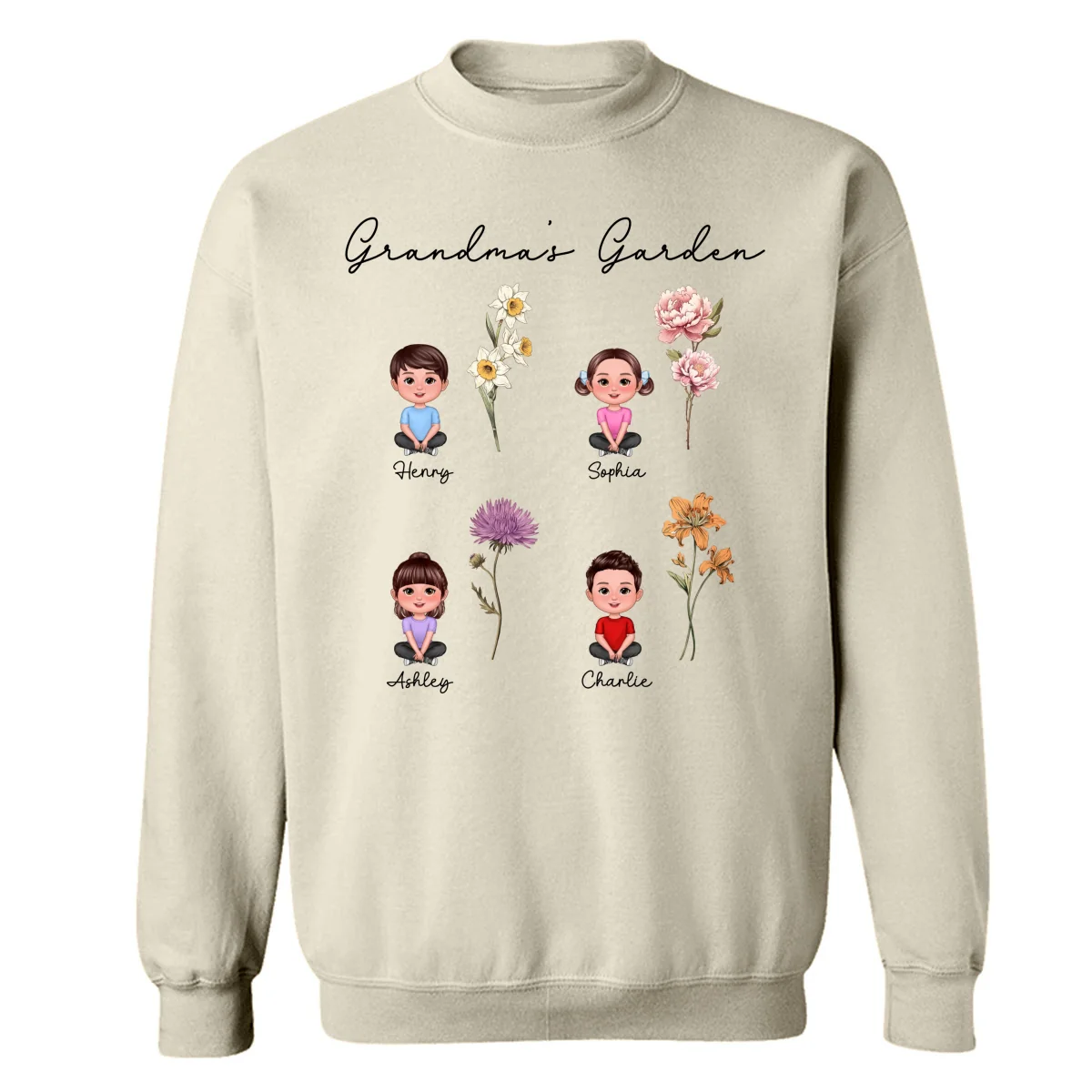Grandkids Sitting Crossed Leg Grandma Garden Vintage Birth Month Flowers Personalized Shirt - Image 15