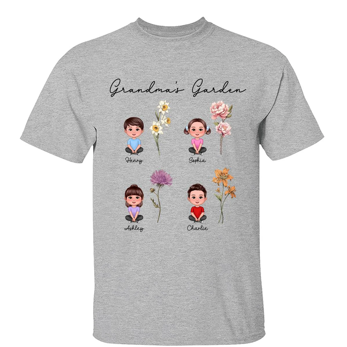 Grandkids Sitting Crossed Leg Grandma Garden Vintage Birth Month Flowers Personalized Shirt - Image 2
