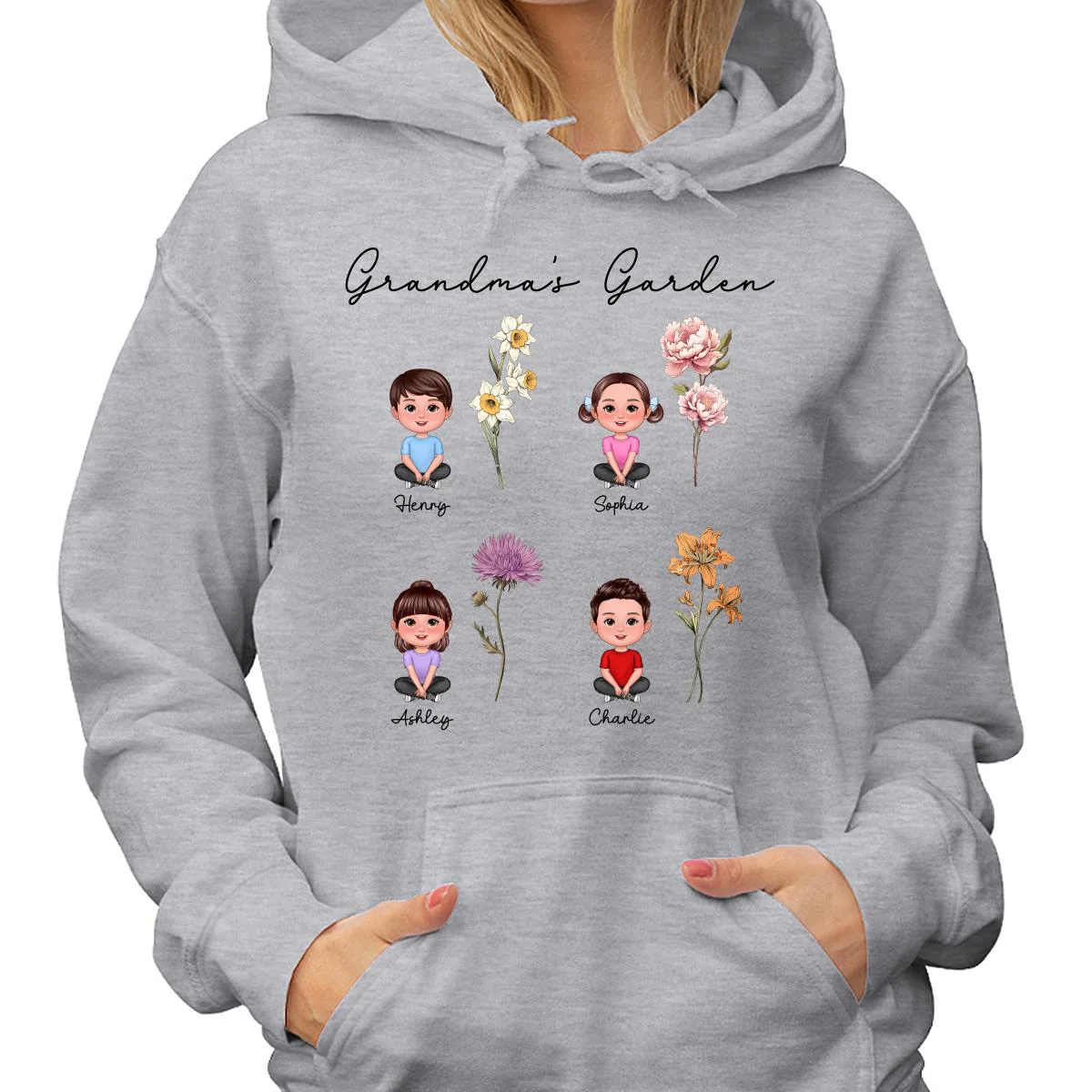Grandkids Sitting Crossed Leg Grandma Garden Vintage Birth Month Flowers Personalized Shirt - Image 3