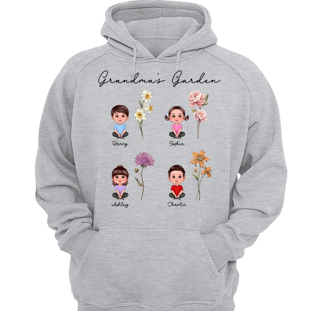 Grandkids Sitting Crossed Leg Grandma Garden Vintage Birth Month Flowers Personalized Shirt - Image 4