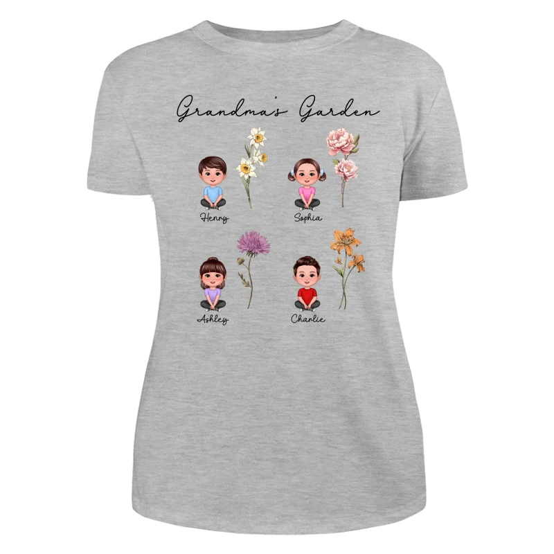 Grandkids Sitting Crossed Leg Grandma Garden Vintage Birth Month Flowers Personalized Shirt - Image 9