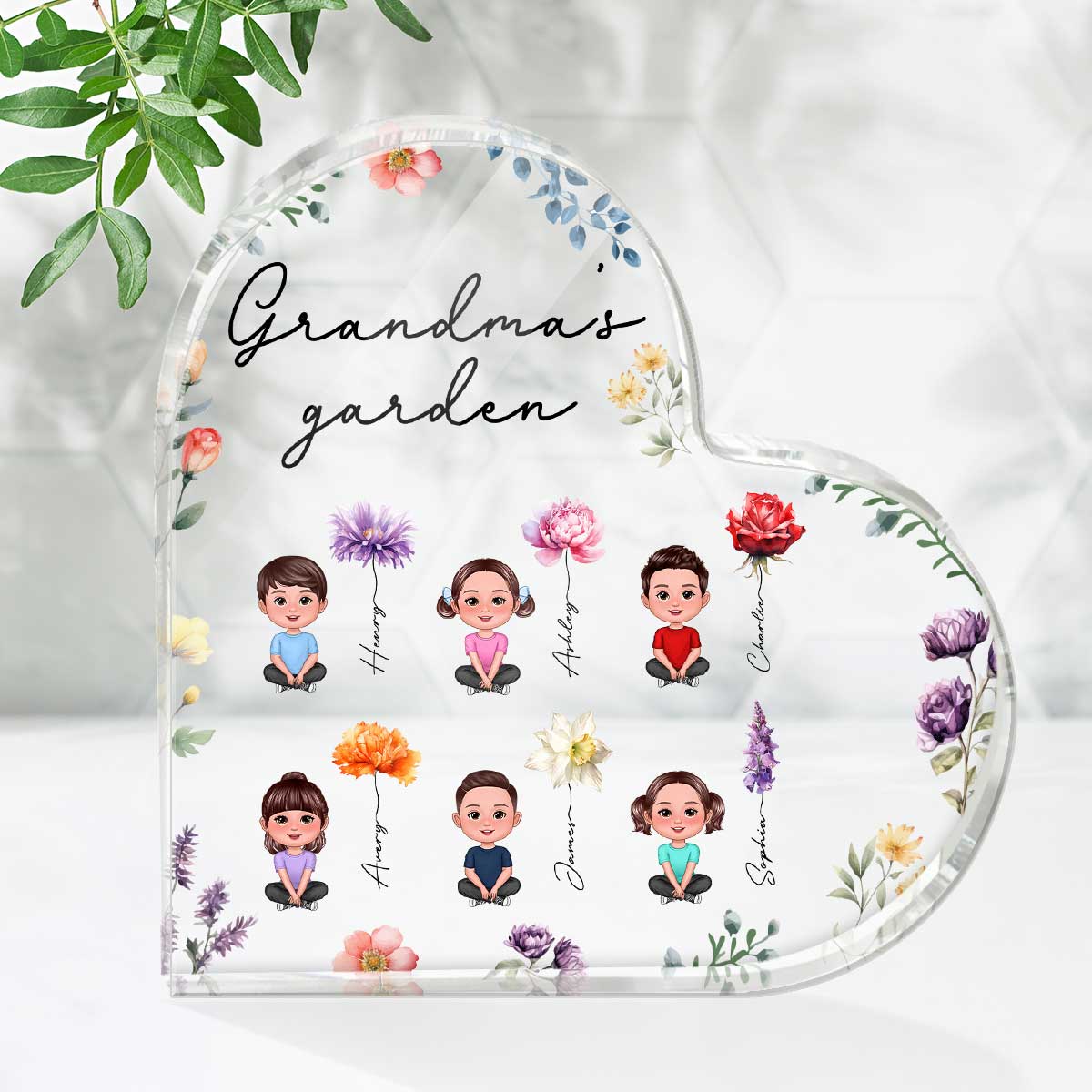 Grandkids Sitting Crossed Legs Watercolor Birth Month Flowers Personalized Heart Acrylic Block - Image 3