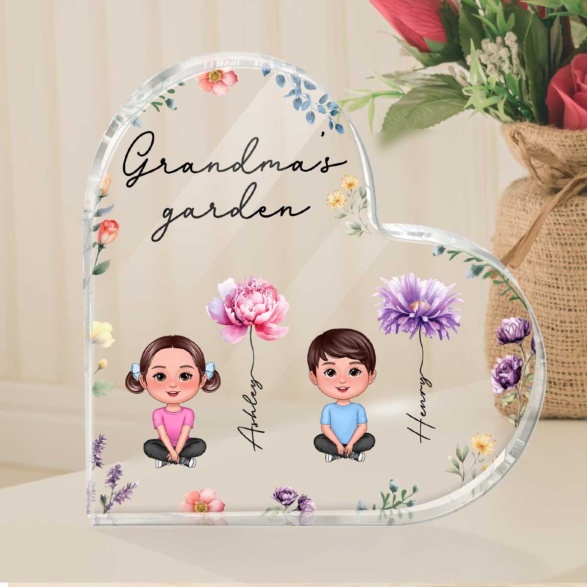 Grandkids Sitting Crossed Legs Watercolor Birth Month Flowers Personalized Heart Acrylic Block - Image 4