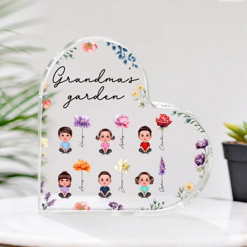 Grandkids Sitting Crossed Legs Watercolor Birth Month Flowers Personalized Heart Acrylic Block - Image 5