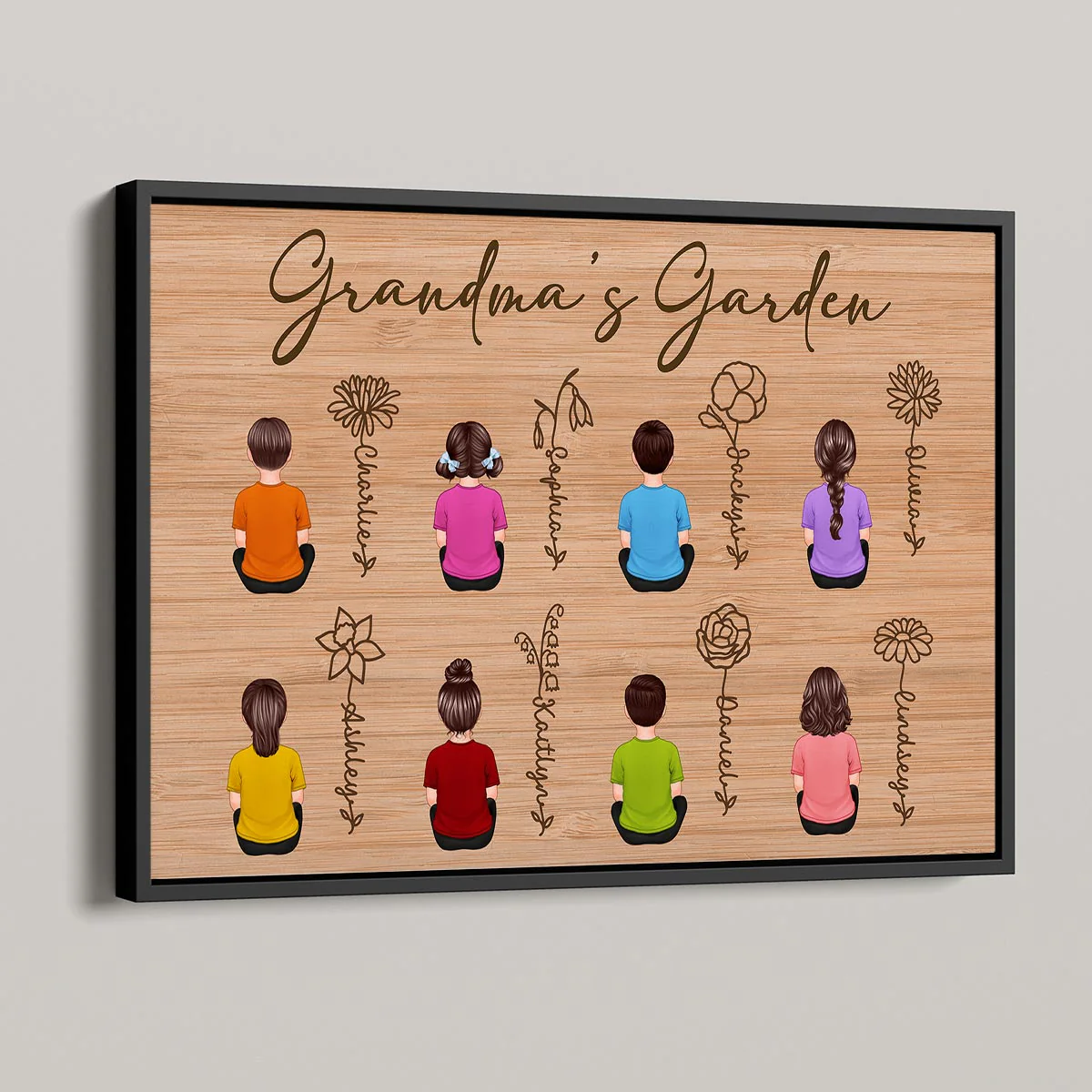 Grandkids Sitting Grandma Garden Outline Birth Month Flowers Mother‘s Day Gift Personalized Horizontal Poster