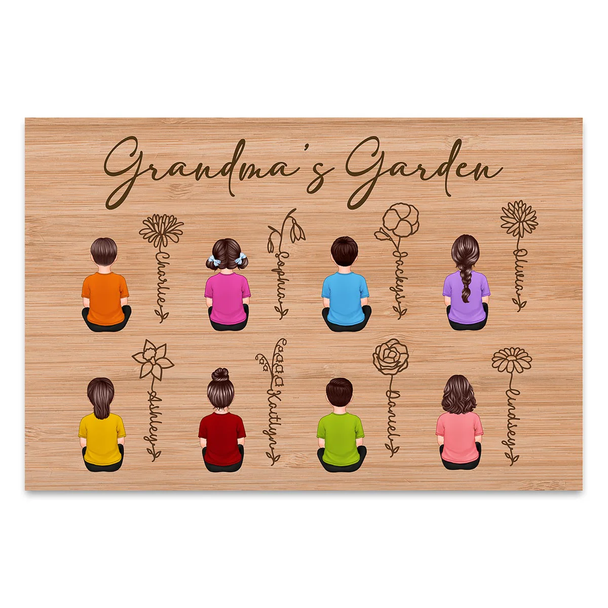Grandkids Sitting Grandma Garden Outline Birth Month Flowers Mother‘s Day Gift Personalized Horizontal Poster - Image 2
