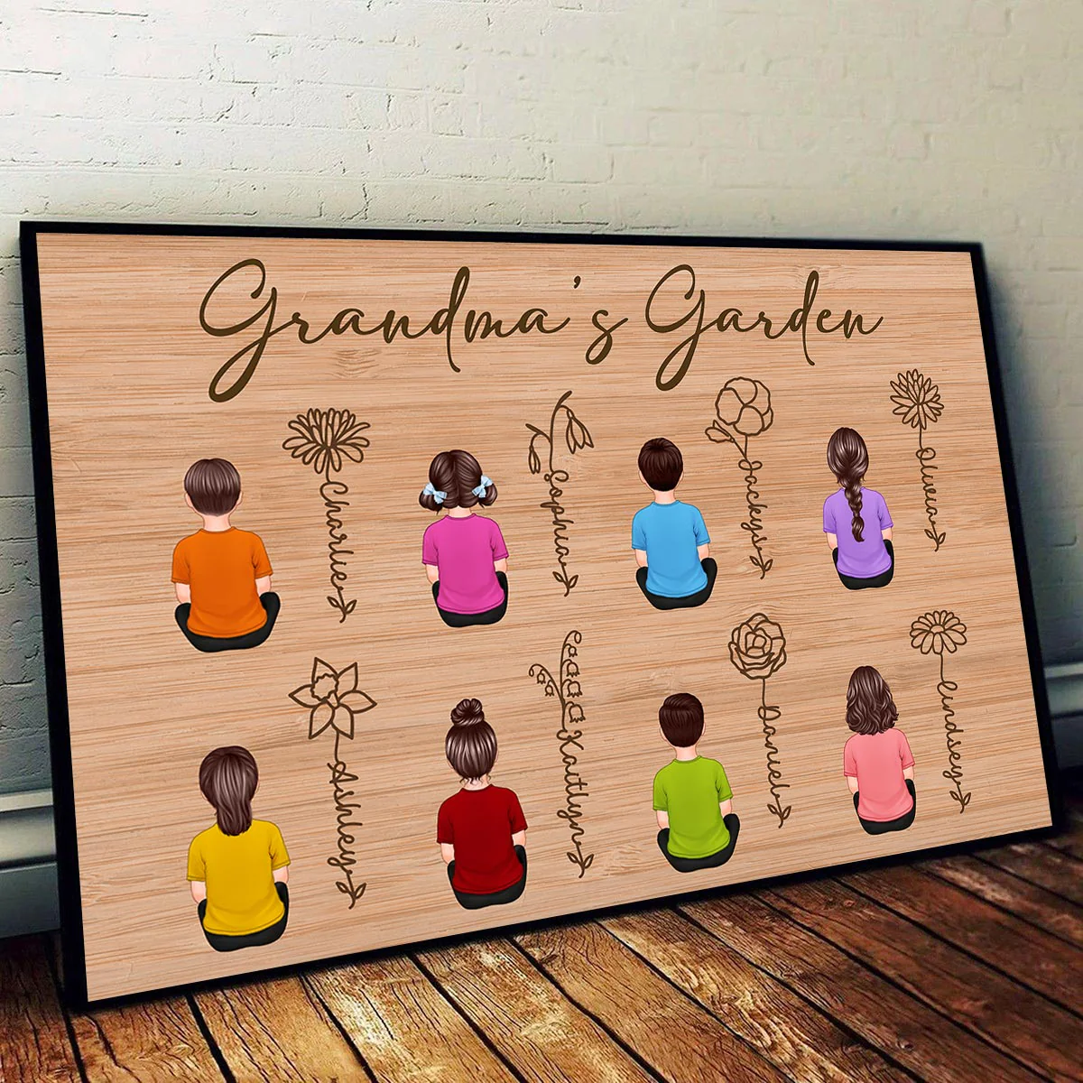 Grandkids Sitting Grandma Garden Outline Birth Month Flowers Mother‘s Day Gift Personalized Horizontal Poster - Image 3