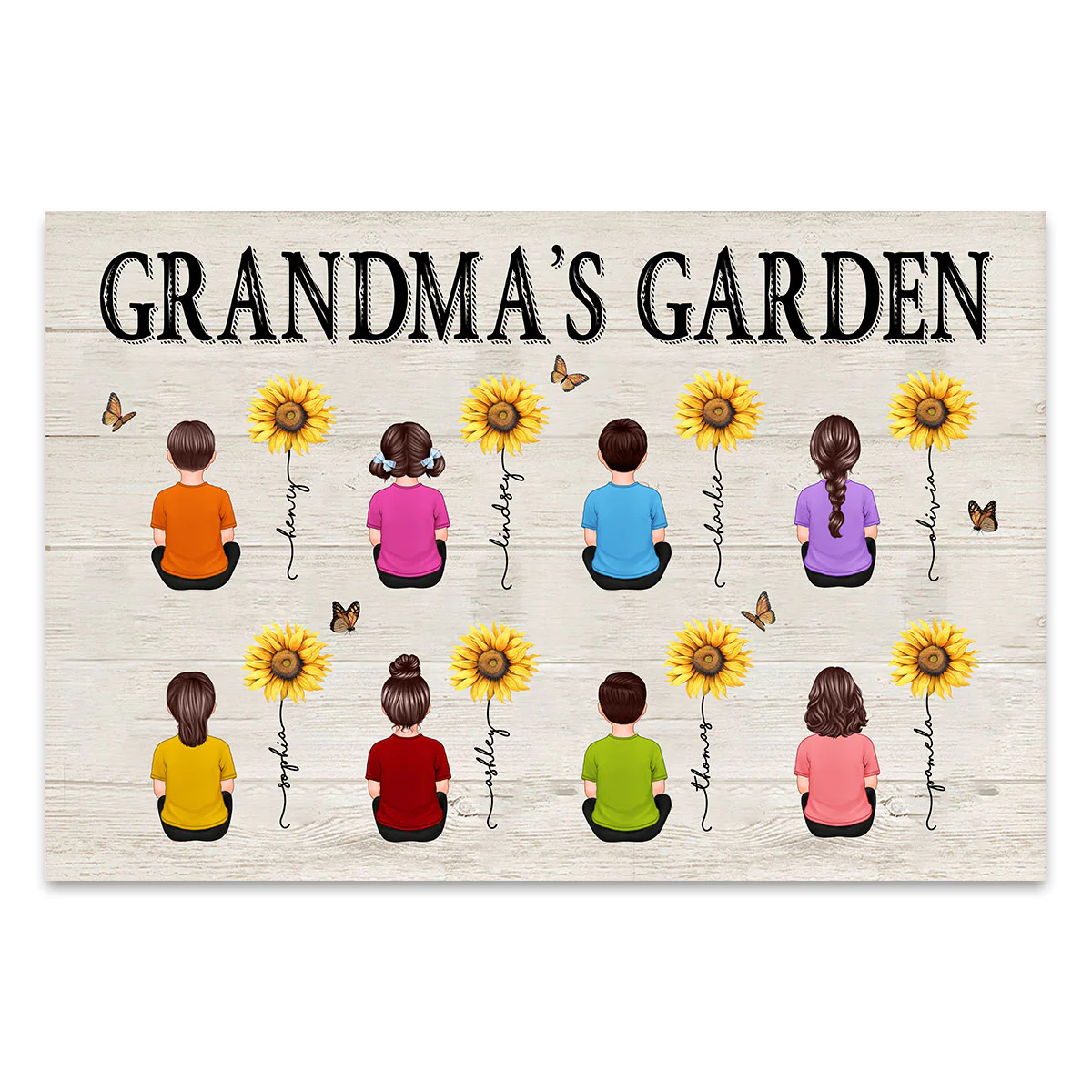 Grandkids Sitting Grandma Garden Sunflower Personalized Horizontal Poster - Image 2