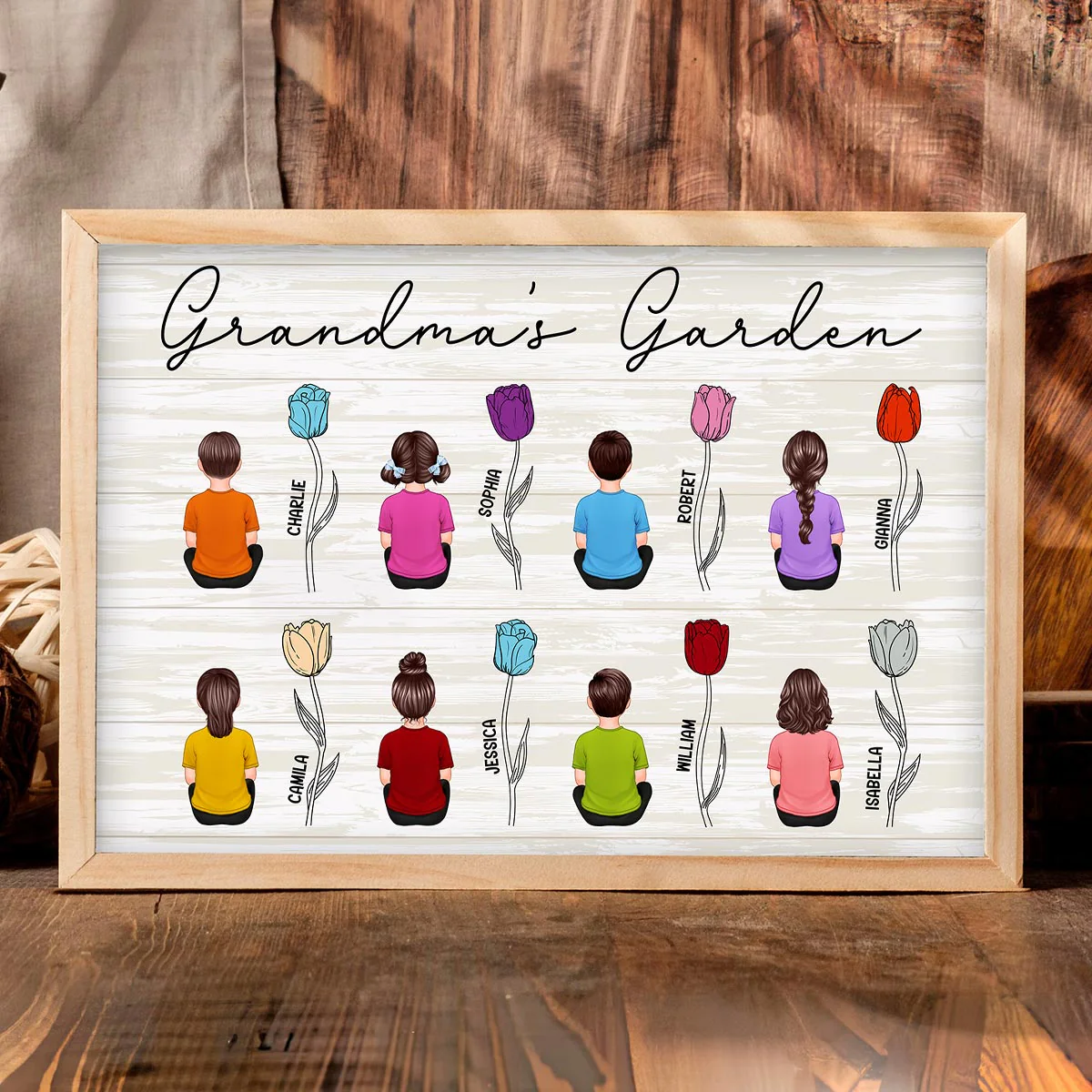 Grandkids Sitting Grandma Garden Tulip Flowers Personalized Horizontal Poster - Image 2