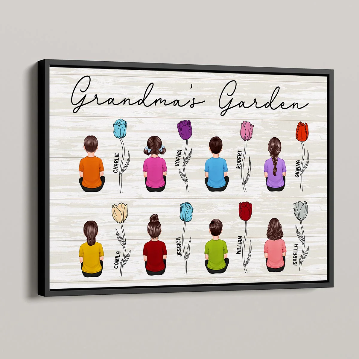 Grandkids Sitting Grandma Garden Tulip Flowers Personalized Horizontal Poster - Image 4