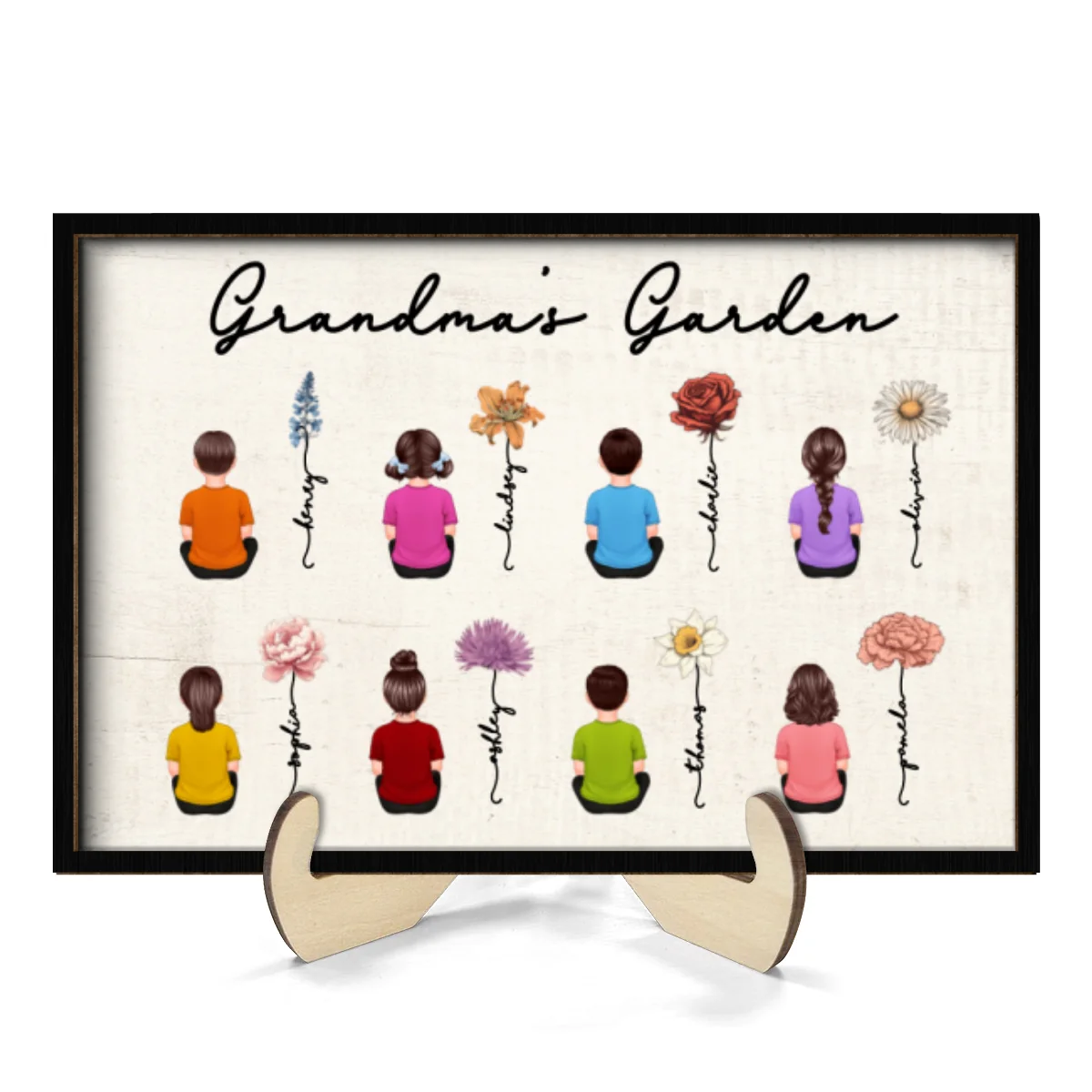 Grandkids Sitting Grandma Garden Vintage Birth Month Flowers Mother‘s Day Gift Personalized 2-Layer Wooden Plaque - Image 10
