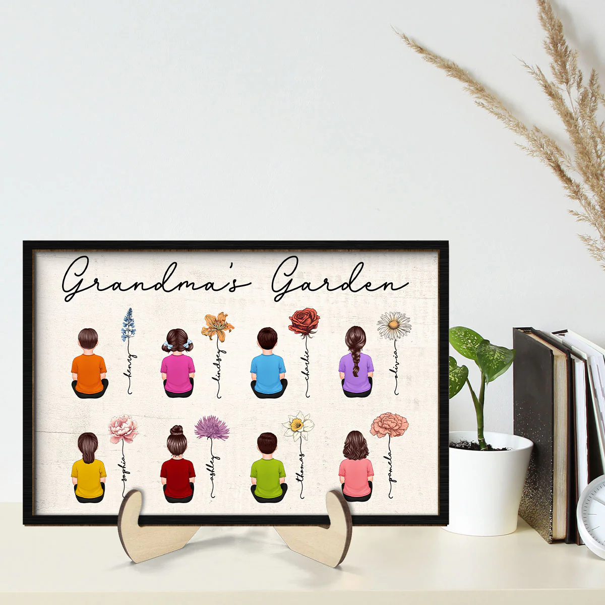 Grandkids Sitting Grandma Garden Vintage Birth Month Flowers Mother‘s Day Gift Personalized 2-Layer Wooden Plaque - Image 2