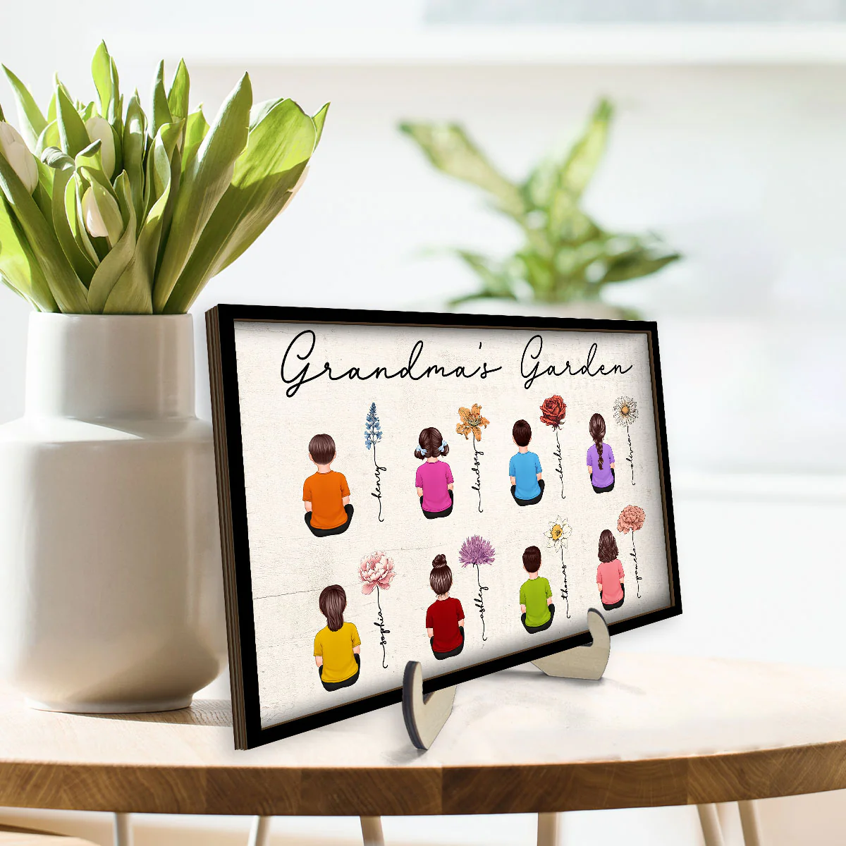 Grandkids Sitting Grandma Garden Vintage Birth Month Flowers Mother‘s Day Gift Personalized 2-Layer Wooden Plaque - Image 3