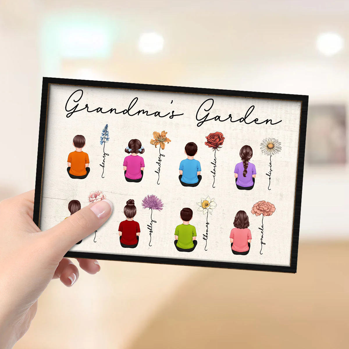 Grandkids Sitting Grandma Garden Vintage Birth Month Flowers Mother‘s Day Gift Personalized 2-Layer Wooden Plaque - Image 4
