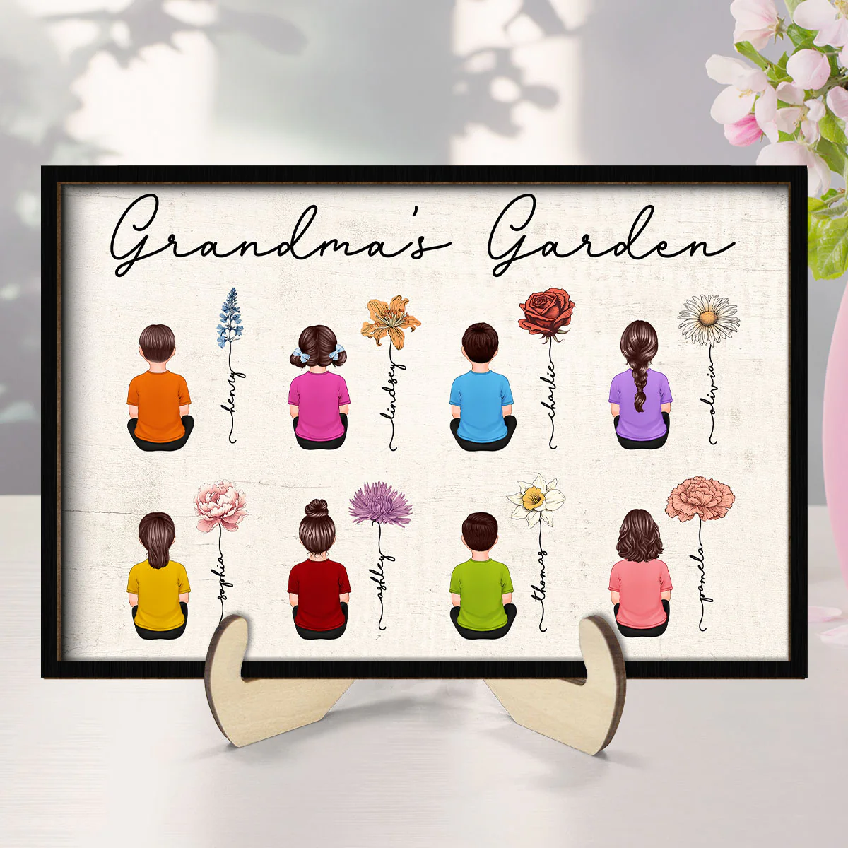Grandkids Sitting Grandma Garden Vintage Birth Month Flowers Mother‘s Day Gift Personalized 2-Layer Wooden Plaque - Image 7