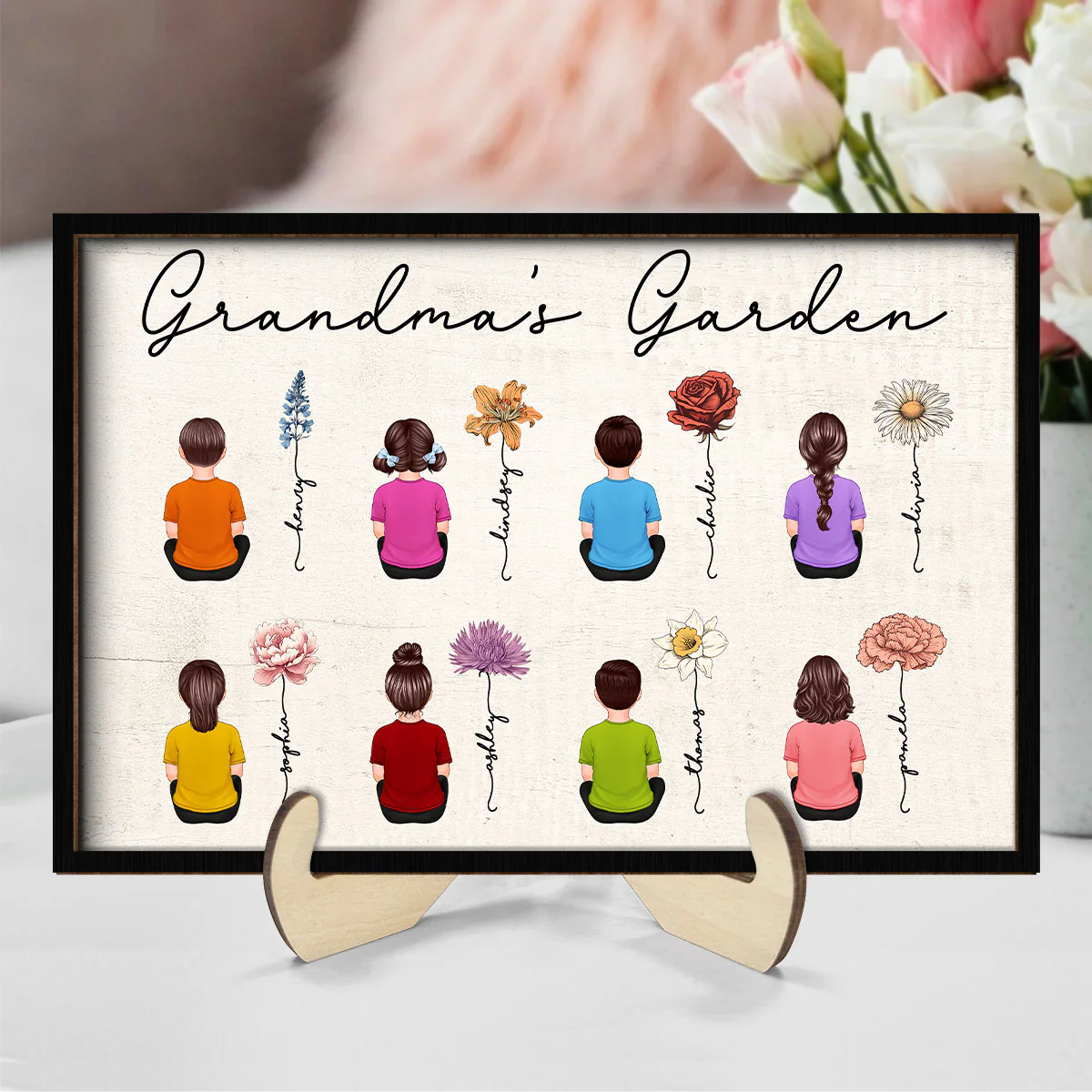 Grandkids Sitting Grandma Garden Vintage Birth Month Flowers Mother‘s Day Gift Personalized 2-Layer Wooden Plaque - Image 8