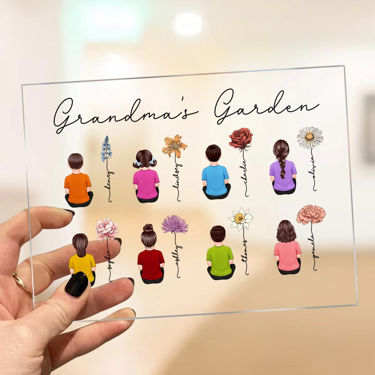 Grandkids Sitting Grandma Garden Vintage Birth Month Flowers Mother‘s Day Gift Personalized Acrylic Plaque - Image 3